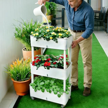 Self-Watering Raised Planter Box with Lockable Wheels,3-Tier Elevated Garden Bed with Visible Water Level Window,Indoor Outdoor Plastic Plant Box for Flowers,Vegetables & Herbs