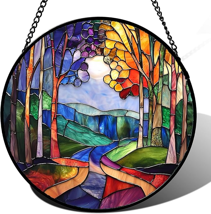 DASTOLL Stained Glass Window Hanging, Colorful Forest Landscape Tree Suncatcher for Doors Window Home Abstract Sun Catchers Decoration Mother's Day Birthday Gifts for Women, Men, and Mom 9.8 in