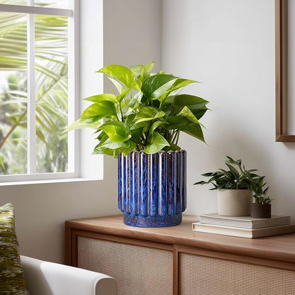 Ceramicfor Ceramic Plant Pots, 7.6 Inch, Blue | Drainage Hole, Fluted Round Design, Indoor & Outdoor Use, Modern Style