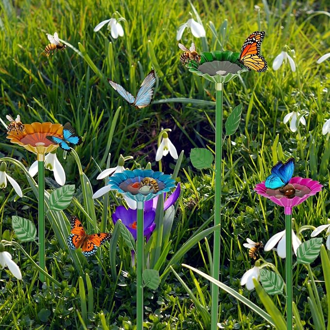 2 Pack Bee Watering Station,Bee Bath for Garden Metal Bee Water Feeder with Flower Design, Colorful Butterfly Bee Bath Bowl for Outdoor Garden Yard Decor (Blue,Yellow)