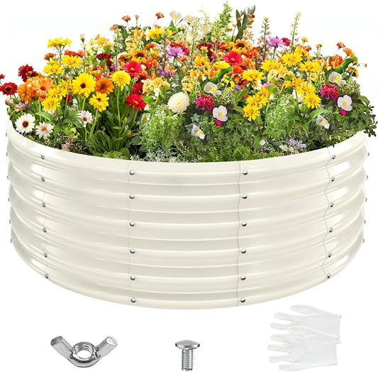 YSEJOMP 17" Tall 48" Diameter Round Raised Garden Bed Kits Outdoor White | Heavy Duty,Rustproof,Durable & Stylish,1.5 FT Tall,4FT Planter Bed,0.8MM Thick Galvanized Metal Painted,with Gloves,Tool free