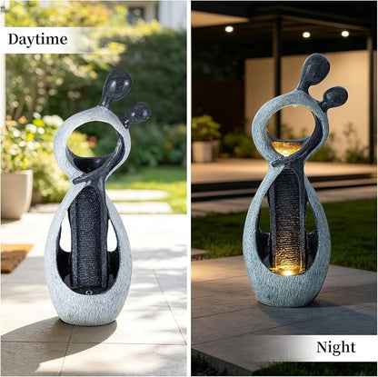 39.8" H Large Outdoor Water Fountain, Floor Garden Waterfall Feature, Modern Abstract Couple Resin Statue with LED Light, Fountain for Porch Yard Backyard Patio, Living Room Decor