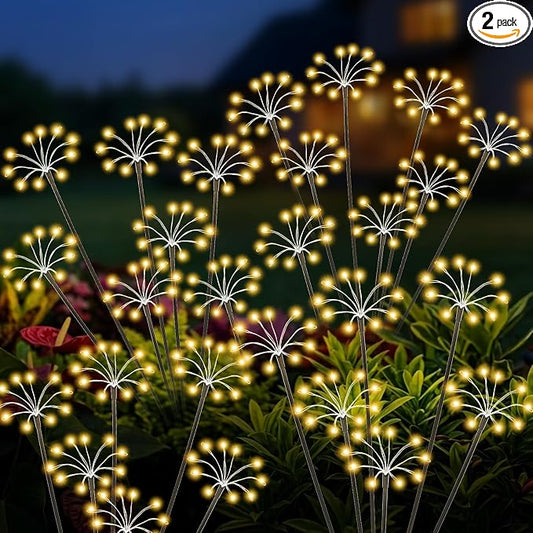 Solar Garden Lights Outdoor, 2 Pack New Upgraded Solar Swaying Starburst Light, Waterproof Fireworks Solar Lights, Yard Patio Pathway Decoration, Warm White