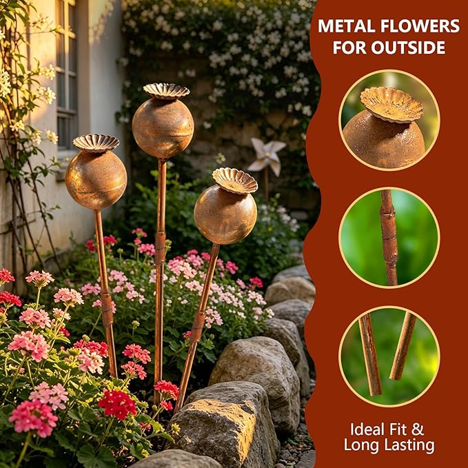 3 PCS Metal Flowers for Outside,23 Inch Large Garden Stakes Decorative,Flower Bed Decor Plant Stakes, Garden Statues Outdoor Clearance, Metal Yard Art Outdoor, Plant Decorations for Pots