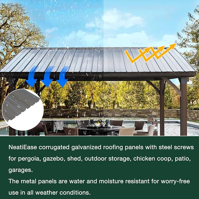 NeatiEase 20 Pcs Metal Roofing Panels, 5.1 Feet Corrugated Galvanized Roofing Panels Metal Siding Panels with Steel Screws for Pergola, Gazebo, Shed, Outdoor Storage, Chicken Coop, Patio,Garages