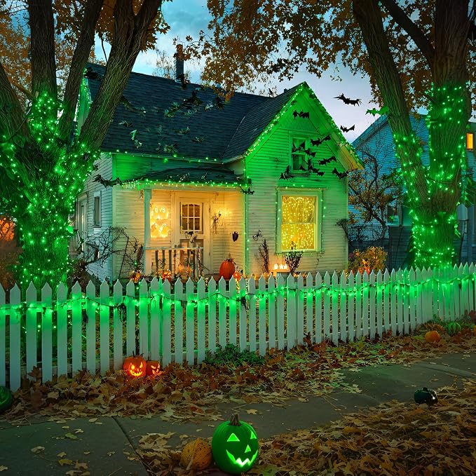 JMEXSUSS 2 Pack Solar Halloween Lights Outdoor, Total 400 LED 151FT, Green | Outdoor Waterproof, 8 Modes Solar Christmas String Lights for Outside Patio Yard Garden Tree Christmas Halloween Decorations