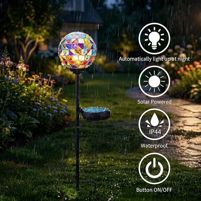 VCUTEKA Solar Lights Outdoor Decorative - Waterproof Mosaic Solar Garden Light, LED Pathway Stake for Landscape Lawn Patio Yard, Solar Globe Lights Outdoor, 1 Pack Multi