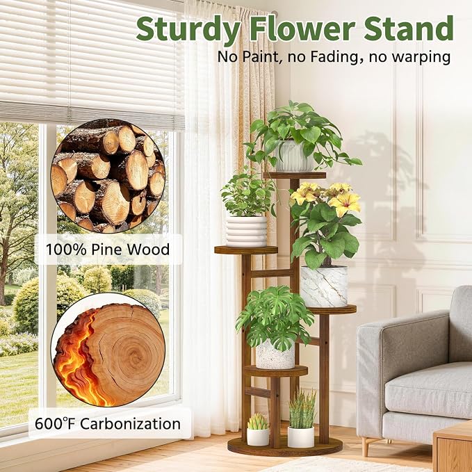 LASZOLA 4 Tiered Wood Plant Stand Indoor Corner with Grow Lights, Flower Holder Rack Tall for Multiple Plants, Rustic Planter Shelf Display for Patio Garden Balcony Living Room, Brown