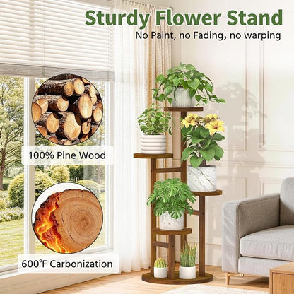 LASZOLA 4 Tiered Wood Plant Stand Indoor Corner with Grow Lights, Flower Holder Rack Tall for Multiple Plants, Rustic Planter Shelf Display for Patio Garden Balcony Living Room, Brown
