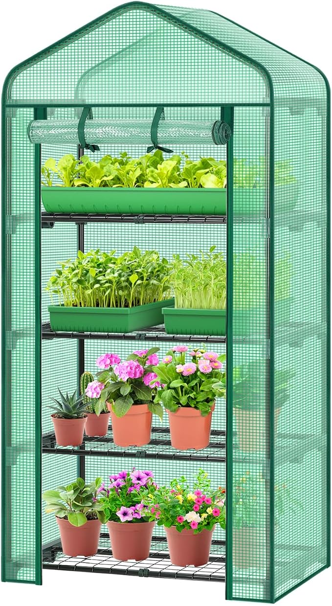 Ohuhu Mini Greenhouse for Indoor Outdoor, 27 x 19 x 62-Inch Small Plant Green House 4-Tier Rack Stand Portable Greenhouses with Durable PE Cover for Seedling, Ideal Gardening Gifts for Women Men