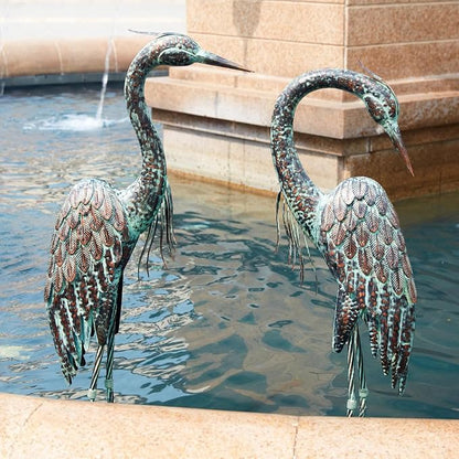 Kircust Garden Crane Statues, Standing Metal Patina Heron Decoy Weather-Resistant and Rustless Outdoor Statue, 42-46 Inch Bird Yard Art for Patio Lawn Pond, Set of 2