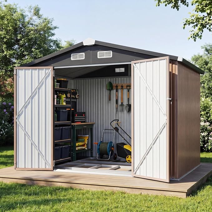 8x6FT Outdoor Storage Shed Brown | Metal Garden Tool Shed with Sloping Roof & Lockable Door for Garden, Patio, Backyard