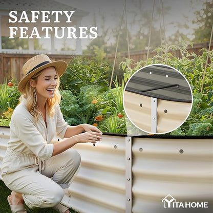 YITAHOME 8x2x1.5ft Galvanized Oval Raised Garden Bed, Metal Planter Box with Safety Rubber, Gloves, Outdoor Flower Bed for Planting Plants Vegetables, Cream Yellow