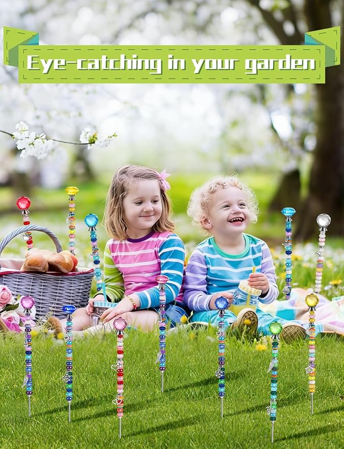 336 Pcs Beaded Garden Stakes DIY Fairy Wand Kit | 272 Colorful Assortment Round Large Hole Beads, Sparkling Silver Crystal Pendants, Stopper Top, For Outdoor Beadable Items