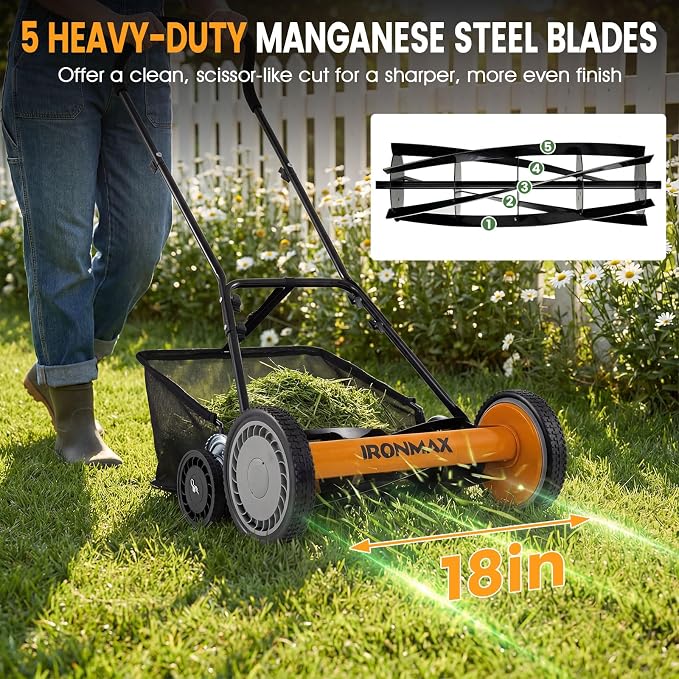 Goplus 18 Inch Push Reel Lawn Mower, 5-Blade Manganese Steel Manual Grass Cutter, 4-Position Adjustable Height, Removable Grass Catcher, Quiet No-Motor Walk-Behind Mower for Yard, Lightweight