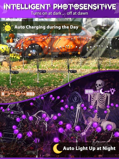Halloween Decorations Outdoor Solar Firefly Lights 6 Pack 48 LED Purple | 2 Lighting Modes, Memory Function and Auto On/Off, Sway with Wind, Waterproof Halloween Decor for Outside Horror Party Garden
