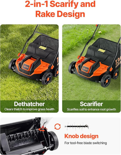 VEVOR 2-in-1 Electric Dethatcher and Scarifier, 13-Inch 13 Amp, Corded Lawn Dethatcher with 13-Gallon Thatch Collection Bag, 5-Position Depth Adjustment, Walk Behind Machine for Garden Yard Grass