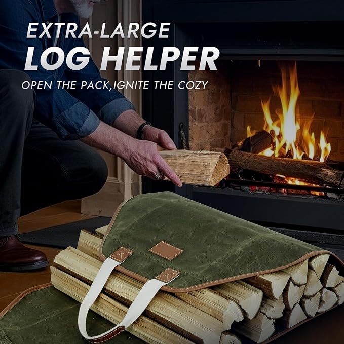 INNO STAGE Firewood Carrier - Enlarge Waxed Canvas Wood Carrier for Firewood, Heavy Duty Log Carrier Bag As Wood Stove Accessories (44" L x 21" W-Green)