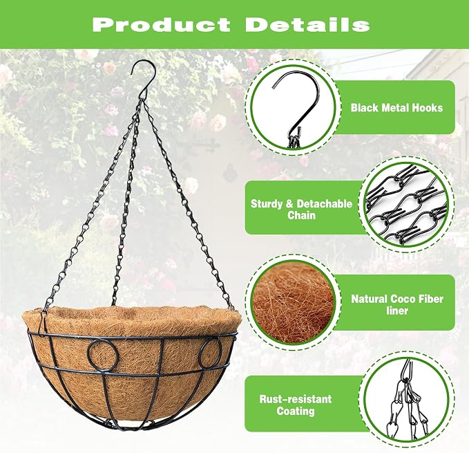 2 Pack 12 Inch Black Metal Hanging Basket Hanging Planter with Coco Coir Liner Heavy Duty Hanging Flower Pot Holder for Indoor Outdoor Patio Garden Porch Balcony Decor (Round)
