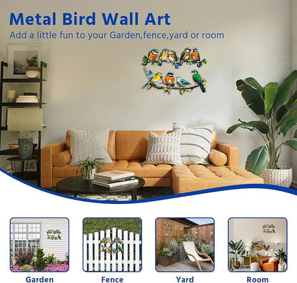Metal Bird Outdoor Wall Art Decor - Hummingbird Wall Silhouette Art, Bird on Branch Wall Sculpture Hanging Indoor Outdoor for Your Yard, Garden and Patio (2 Pack)
