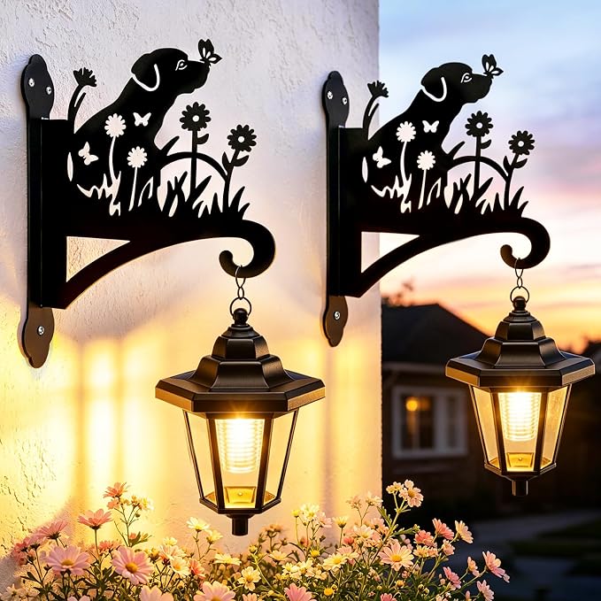 VOOKRY Solar Wall Lanterns Outdoor, Waterproof 2 Pack Hanging Lights with Dog Hooks, Wall Mount Sconce with 3 Solar Panels for Patio Porch Yard Garden Decor, Dusk to Dawn 2700K Warm White