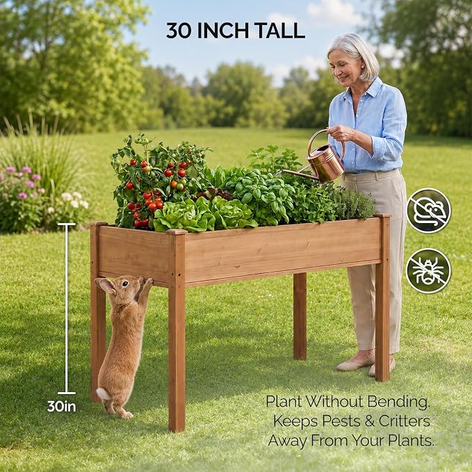 VINGLI 48"x24"x30" Elevated Raised Garden Bed with Bed Liner, Heavy Duty Wood Planter with Legs for Vegetables Fruits Potato Flower, Outdoor Sturdy Long Lasting Planter Box (Brown - no Wheel)