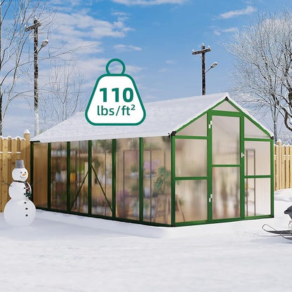 8x12 FT Greenhouse - Large Aluminum Greenhouses for Outdoors | Walk-in Polycarbonate Greenhouse with Roof Vent & Ground Nails, Heavy Duty Green Houses for Garden, Backyard, Patio