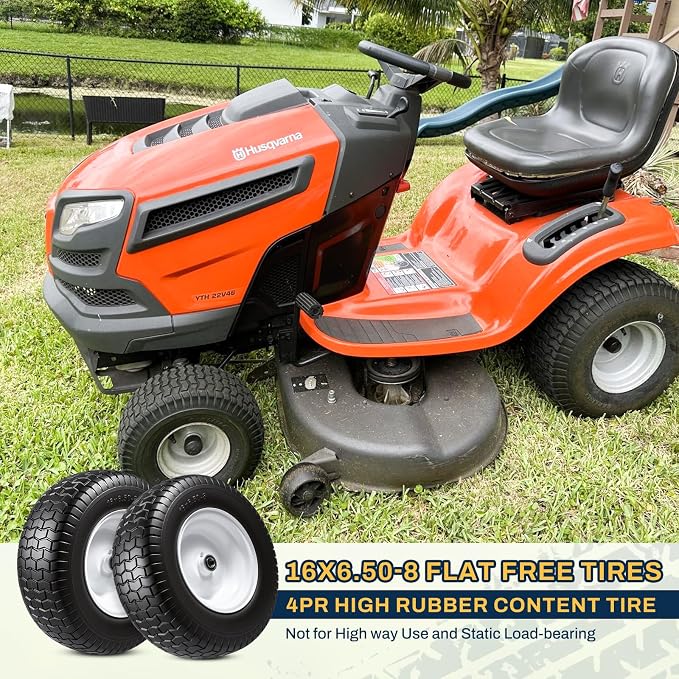 16x6.50-8 Flat Free Lawn Mower Tire and Wheel, 16x6.5-8 Solid Replacement Front Tires for Riding Mowers and Lawn Tractors, with 3/4" Bushings & 5/8" Bearings, 3" Centered Hub, 2 Pack