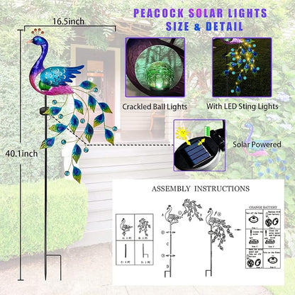 DREAMSOUL Peacock Solar Garden Lights Outdoor Decorative Stake, Waterproof Metal Peacock Garden Decor Solar Powered Landscape LED Path Lights Walkway Patio Decoration Lawn Ornament