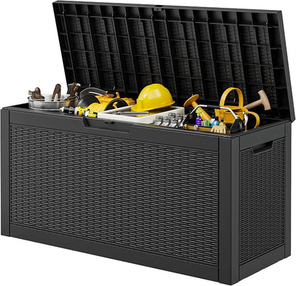 Outdoor Storage Box, 72 Gallon Resin Deck Boxes Outdoor Waterproof For Patio Furniture, Garden Tools, Pool Supplies, Lockable And UV Resistant (Rattan Black)