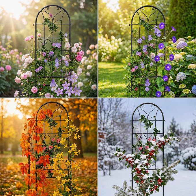 2-Pack 87" x 20" Ornate Scrollwork Arch Black Metal Garden Trellises | Set of 2 rust-resistant trellises with heart scrollwork, arched tops, stakes, and support for roses, vines, or vegetables