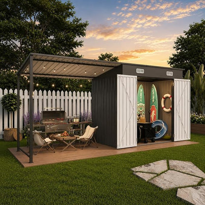 KEIKI 12x4 FT Metal Garden Shed with Pergola, 6x4 FT Outdoor Storage Shed & Backyard Gazebo Combo, 2-in-1 Patio Tool Shed with Open Side, Heavy-Duty Steel Frame, All-Weather, Easy Assembly, Gray