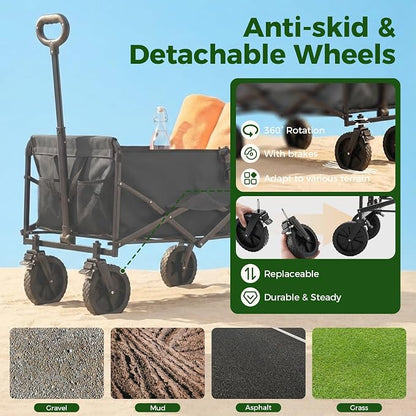 DUMOS Collapsible Wagon Cart, Heavy Duty Foldable Utility Wagon with Lockable Brake Wheels – 330 lbs Capacity, Flexible Handle for Beach, Garden, Sports, Grocery & Camping, Black