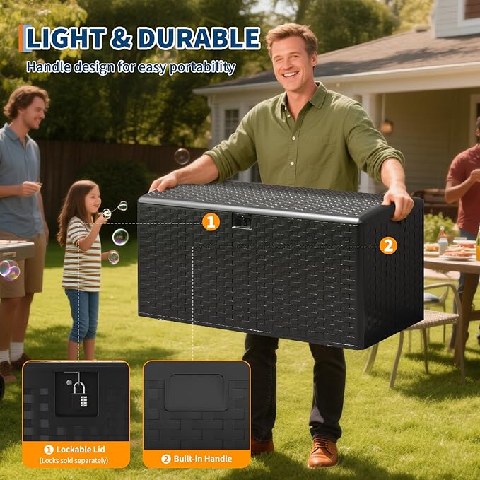 IDEALHOUSE 100 Gallon Resin Deck Box, Waterproof Outdoor Storage Box with Lockable Lid & UV Resistant, Patio Furniture Cushion Storage Container for Garden, Backyard, Poolside (Black)