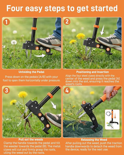 HAUSPROFI Stand Up Weed Puller Tool with 36-46 Inch Adjustable Long Handle and 50L Garden Bag, Heavy Duty 4-Claw Stainless Steel Weed Remover Tool with Automatic Rebound Design for Deep Roots