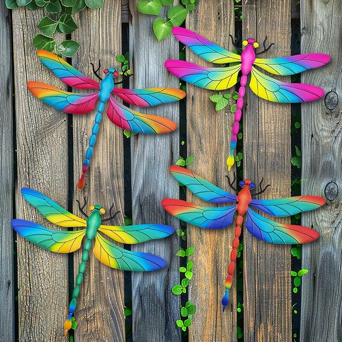 Large Metal Dragonfly Wall Decor, 4 Pack 13 inch Metal Dragonflies Wall Art Hanging Sculpture Decorations for Outdoor, Yard Patio Fence Garden Outside Decor