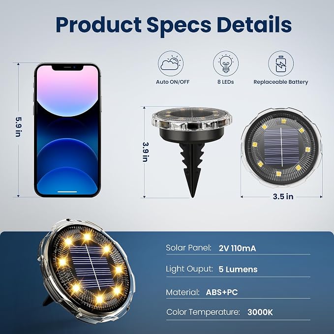 SOLPEX Solar Ground Lights 12 Pack, Solar Pathway Lights Outdoor Waterproof, Landscape Lighting for Garden, Walkway, Driveway, Yard, Deck, Patio, Swimming Pool (Warm White)