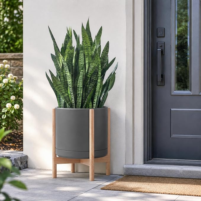 D'vine Dev Ceramic Planter with Natural Stand - 14 Inch Modern Round Flower Pot with Wood Planter Holder, Grey, 55-B-R-3