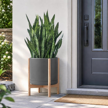 D'vine Dev Ceramic Planter with Natural Stand - 14 Inch Modern Round Flower Pot with Wood Planter Holder, Grey, 55-B-R-3
