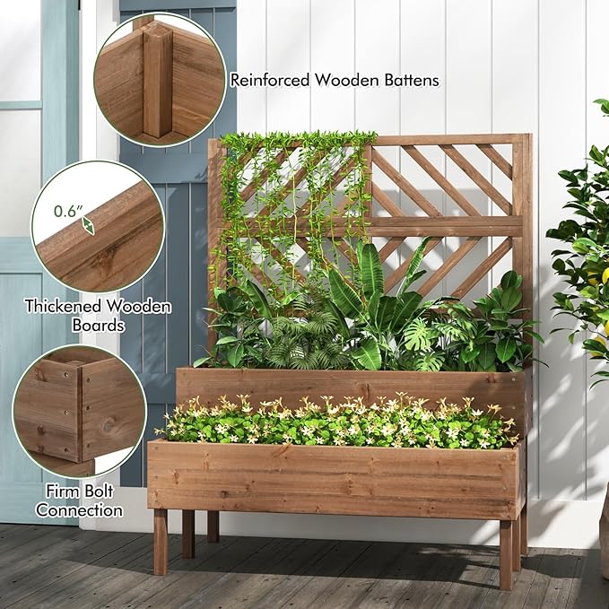 LDAILY Raised Garden Bed with Trellis & 2 Planter Boxes, 2-Tier Wooden Raised Bed with Bottom, Elevated Legs & 10 Drainage Holes, Gardening Planter Box for Flowers/Vegetables/Fruits in Backyard Patio