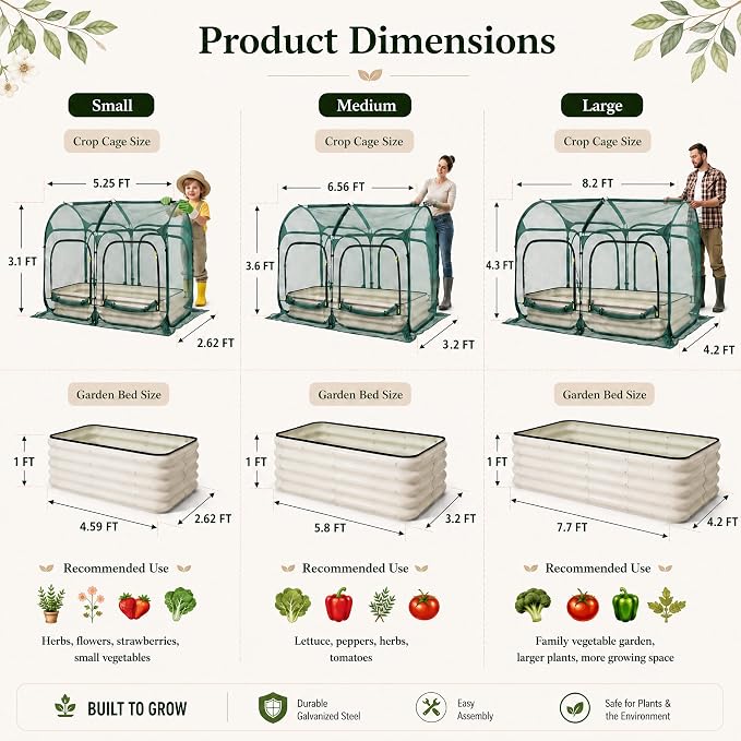 PORAYHUT All-in-One Raised Garden Bed and Crop Cage Net Kit, Metal Outdoor Planter Box with Protective Mesh Greenhouse Cover for Backyard Vegetables, Herbs, Flowers (5.25 * 2.6FT Raised Bed &NET)