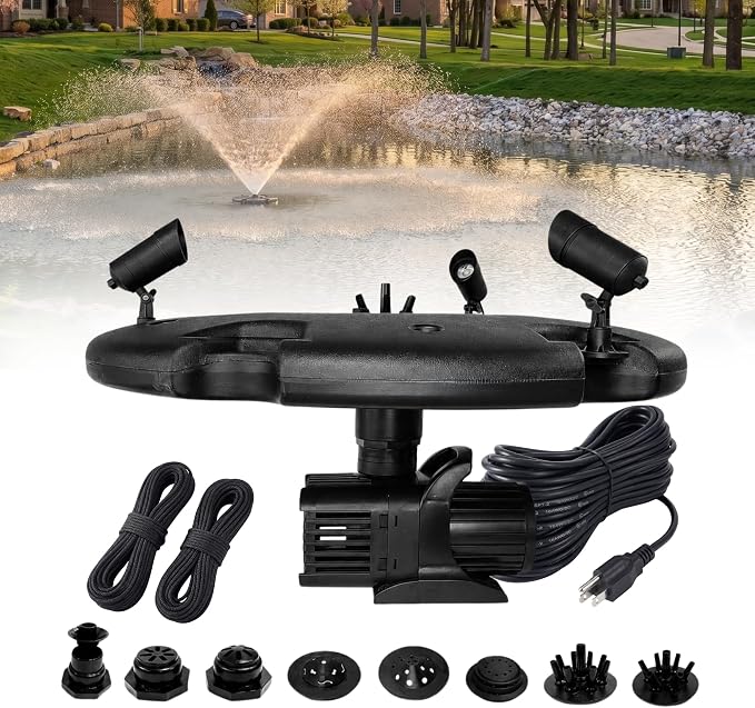 Half Off Ponds 1.2 HP Floating Fountain and Aerator | 10,000 GPH output, 11 spray patterns, Color-changing LED lights, 100 ft power cord, Energy-efficient