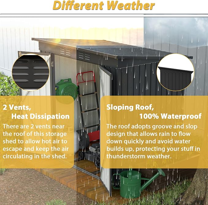 6x4 FT Galvanized Steel Garden Sheds with Ventilation and Sloped Roof, Metal Storage Locker Includes A Lock,Key & Hinged Doors,2 Pairs of Gloves,for Tool,Equipment,Black