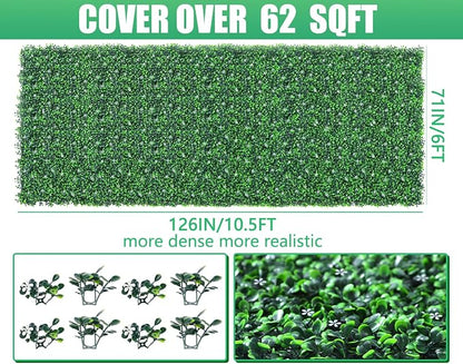 Grooy 71"x 126"(62 sq.ft) Artificial Boxwood Roll Panels with Flowers, UV-Anti Faux Ivy Leaves Privacy Fence Screen, Grass Wall Roll Panels for Indoor Home Decor and Outdoor Garden Backyard