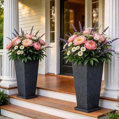 Autodaya 28" Tall Planters Set of 2 Black Terrazzo Plastic Flower Pots | Large Weather-Resistant Planters for Patio, Porch, Garden, Front Door, Indoor Spaces, and Christmas Decor