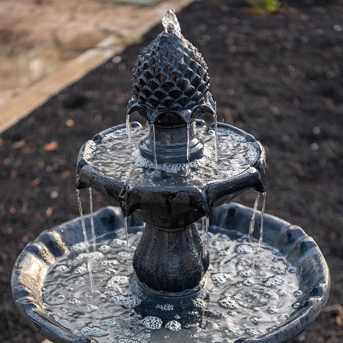 XBrand 44" Solar Powered Outdoor Fountain, Elegant 2-Tier Cascading Water Feature, Fiberglass Resin Garden & Patio Fountain with Solar Panel - Black