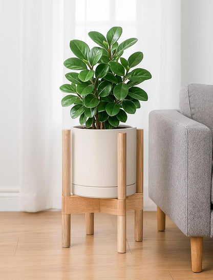 D'vine Dev Ceramic Planter with Natural Stand - 8 Inch Modern Round Flower Pot with Wood Planter Holder, Oatmeal, 55-B-N-8