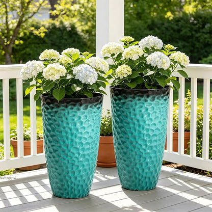 23.75" Turquoise Teal Plastic Tall Planters with Honeycomb Texture | Set of 2 PP tall planters with turquoise teal honeycomb texture, drainage plugs, and UV-treated finish for porch or patio