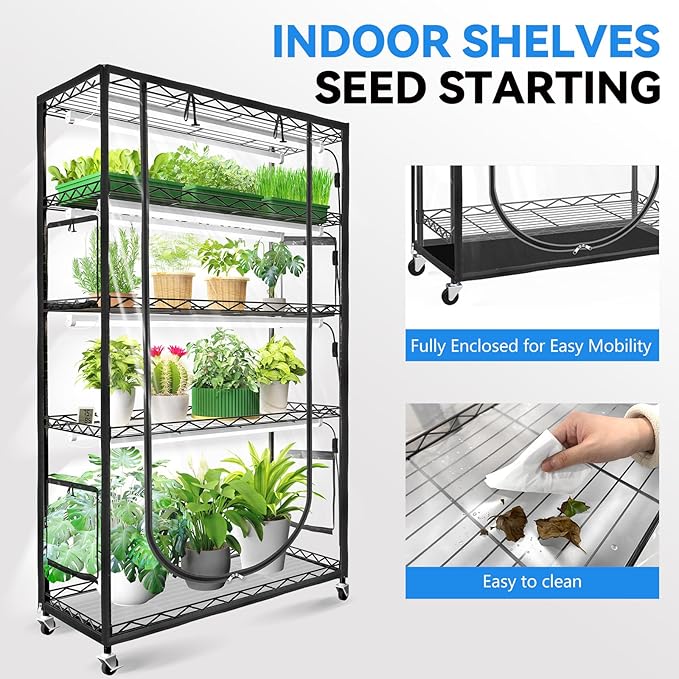 JESLED Indoor Greenhouse with Grow Light, 47.2x13.8x70IN | 4FT Full Spectrum 5000K LED for Seed Starting, Tiered Lighting Control, Built-in Timer & Thermo-Hygrometer