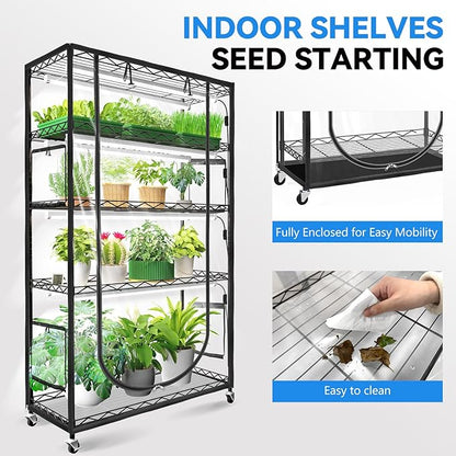 JESLED Indoor Greenhouse with Grow Light, 47.2x13.8x70IN | 4FT Full Spectrum 5000K LED for Seed Starting, Tiered Lighting Control, Built-in Timer & Thermo-Hygrometer